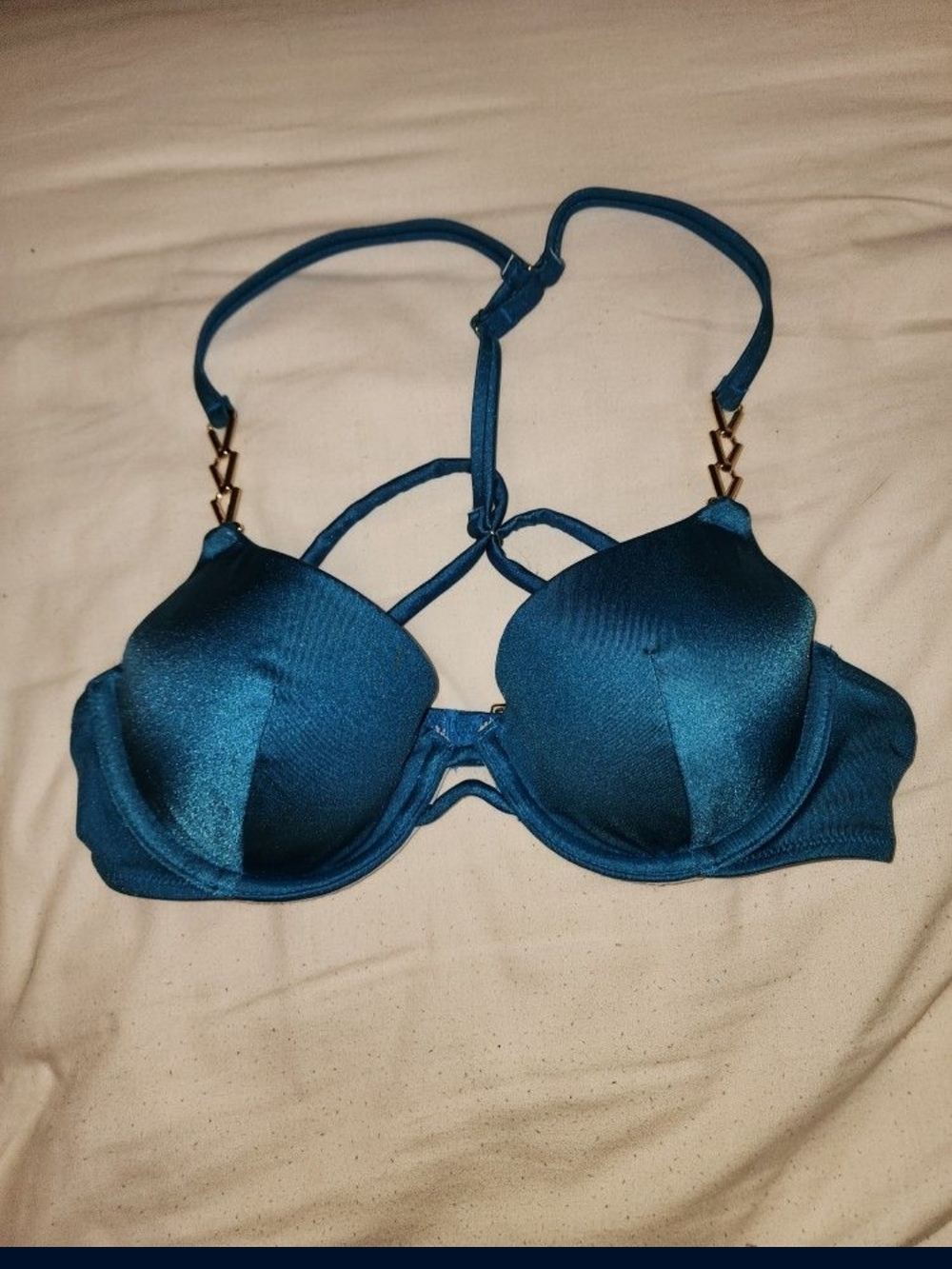 Victoria's Secret Teal Strappy Push-Up Bra with Gold Accent TOP ONLY